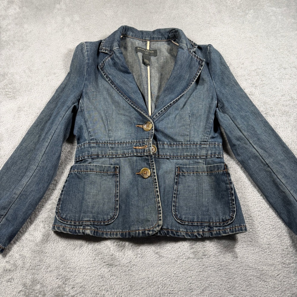 Banana Republic Denim Jacket Women 4P Blue Cotton Three Button Petite